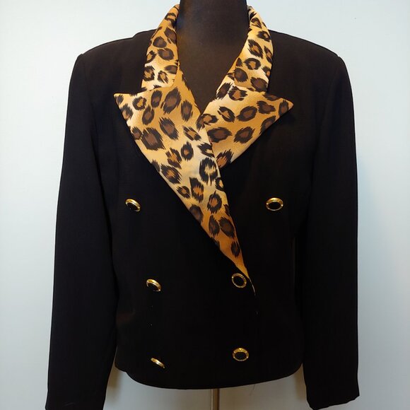 Vintage Black and Leopard Print Womens Blazer Goth Corporate 80s - Picture 2 of 4